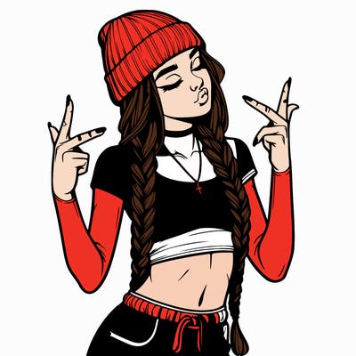 realistic teenage girl with braids and a beanie and crop top doing 🫶🏼