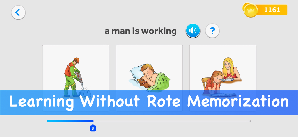 English for Kids from PMG - Educational interface of English for Kids app showing a phrase matching game with colorful illustrations and a progress bar.