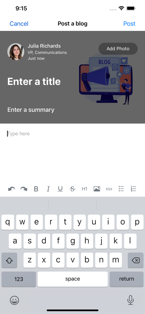 Interface for posting a blog on the my intranet by Interact mobile app