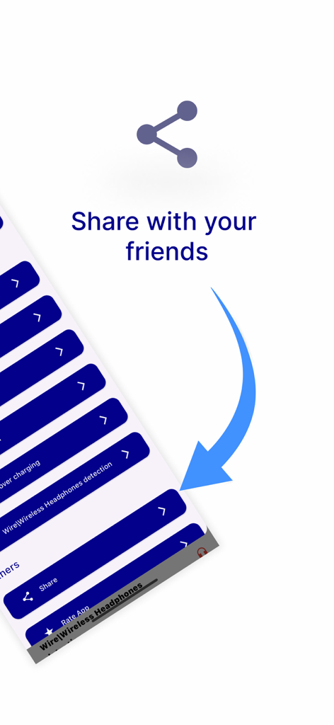 Anti Theft Alarm: Don't touch - Screenshot of the Anti Theft Alarm app interface highlighting the share with your friends feature with a large icon and arrow