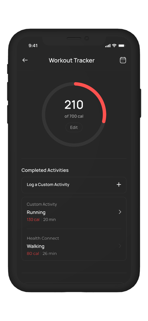 FitMom Club: Health & Wellness - Écran du tracker d'entraînement de l'application FitMom Club montrant les calories brûlées et le journal d'exercices.