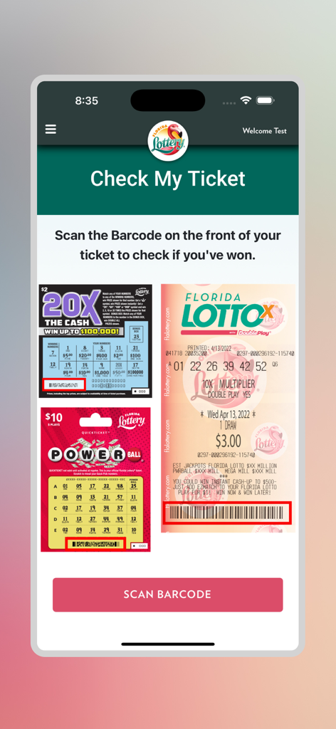 Florida Lottery app interface showing how to scan barcodes on lottery tickets to check for winners