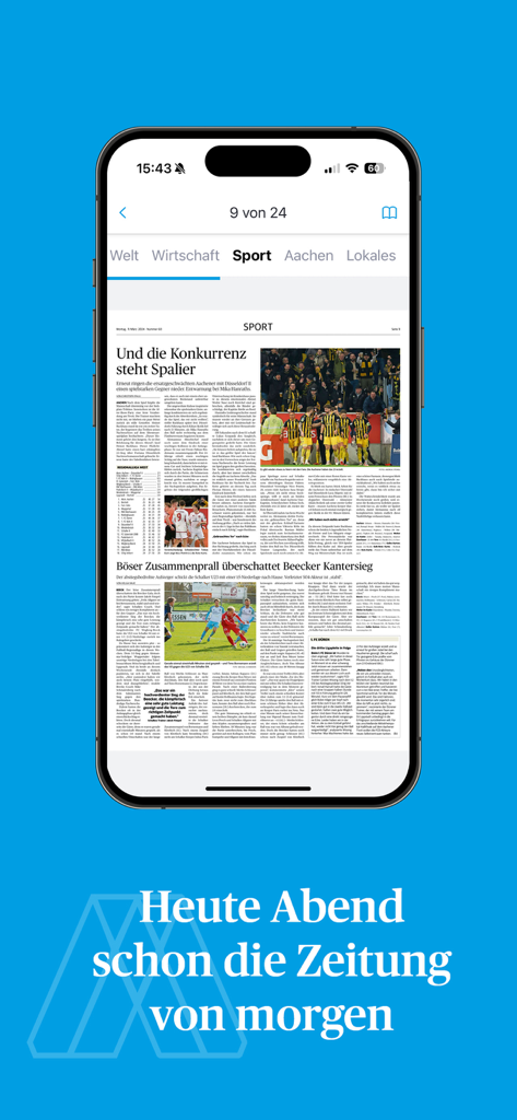Ein Smartphone-Bildschirm mit der Sportseite der Aachener Zeitung E-Paper im Original-Zeitungsdesign