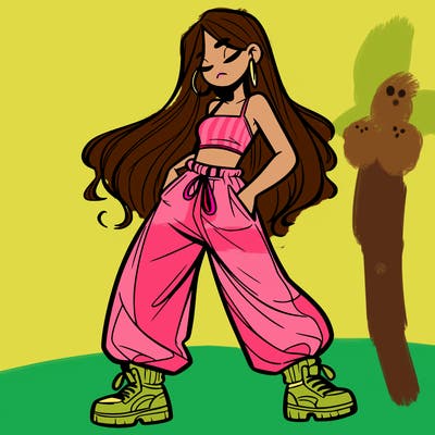 girl in baggy pants crop top and long hair