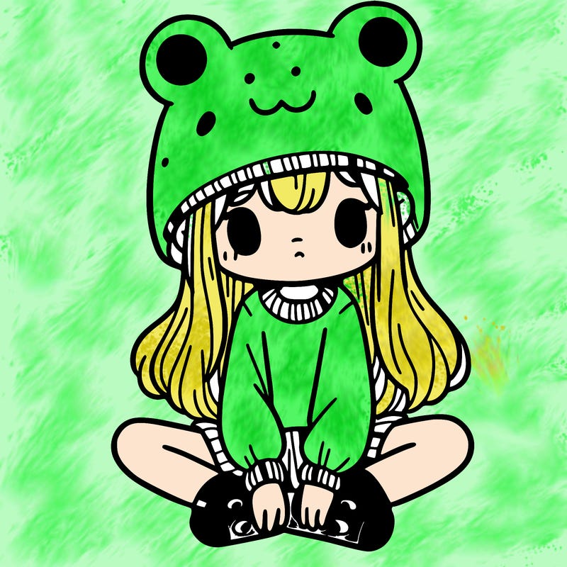 a girl wearing a frog hat and some frog socks