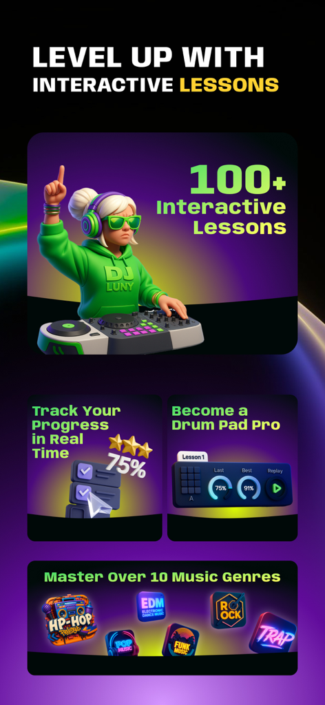 Beat Maker Studio app interface showcasing interactive lessons and progress tracking for different music genres