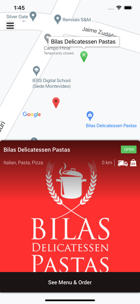 Bilas Pastas - Écran de l'application Bilas Pastas affichant l'emplacement du restaurant sur une carte avec un bouton pour voir le menu et commander