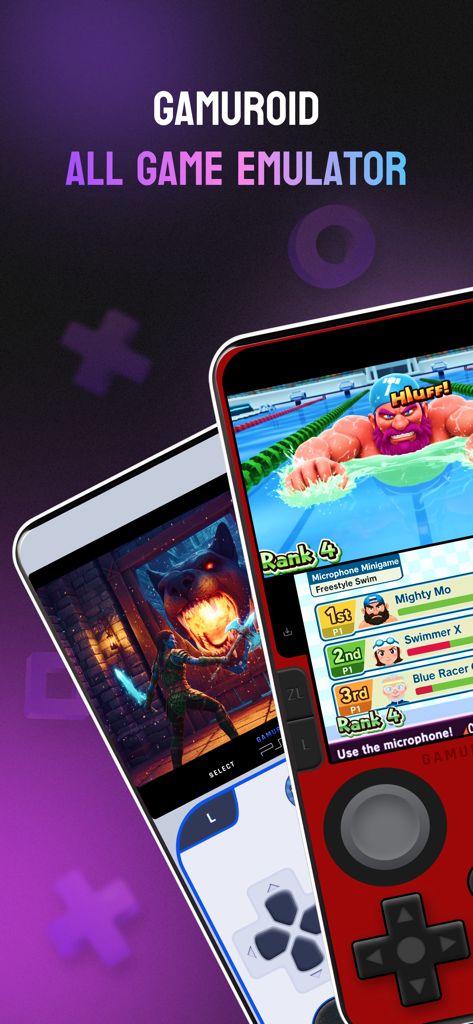 Gamuroid: All Game Emulator - Aplicativo móvel Gamuroid exibindo emulação de jogos retrô em telas de smartphone