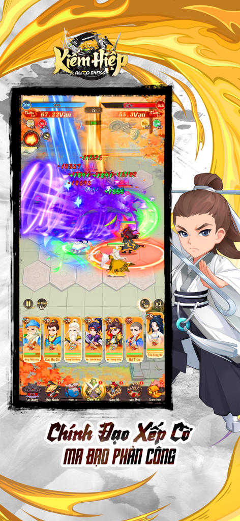 Kiếm Hiệp Auto Chess - Gameplay screenshot of Kiem Hiep Auto Chess showing martial arts heroes in combat on a tactical grid