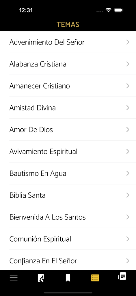 List of religious hymn categories in Spanish within the Himnario LLDM app