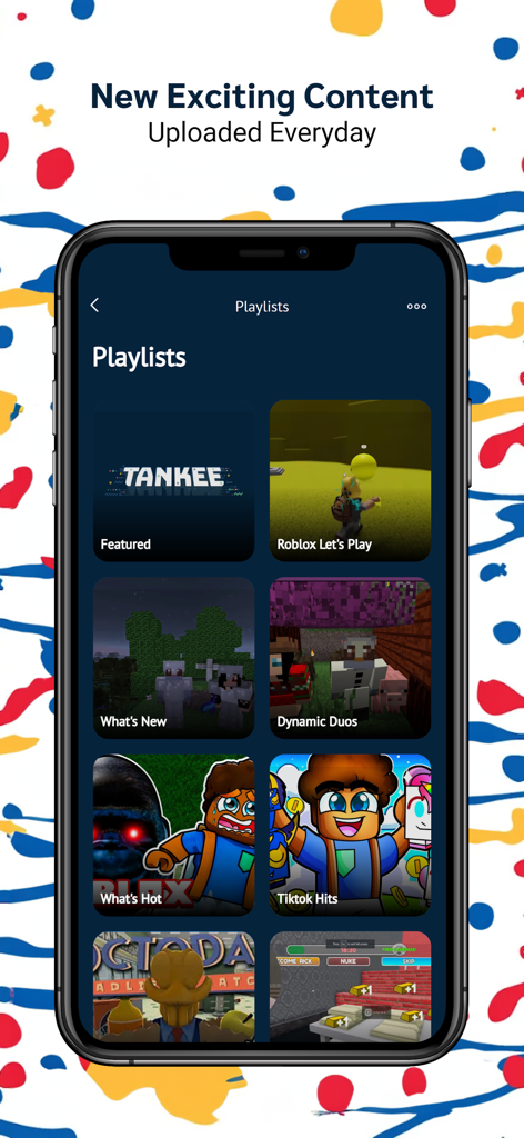 Tankee Gaming Videos & More - Interfaz de la aplicación móvil Tankee mostrando listas de reproducción de videos de gaming para niños con títulos como Roblox Let's Play y Minecraft