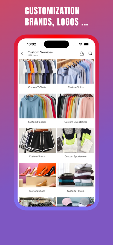 FashionTIY: Clothing Wholesale - FashionTIY app interface displaying customization options for wholesale clothing including shirts, hoodies, and shoes