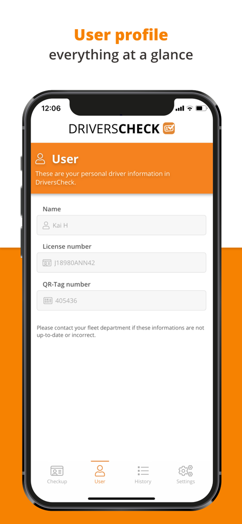DriversCheck - User profile screen in the DriversCheck app displaying personal driver information like name and license number