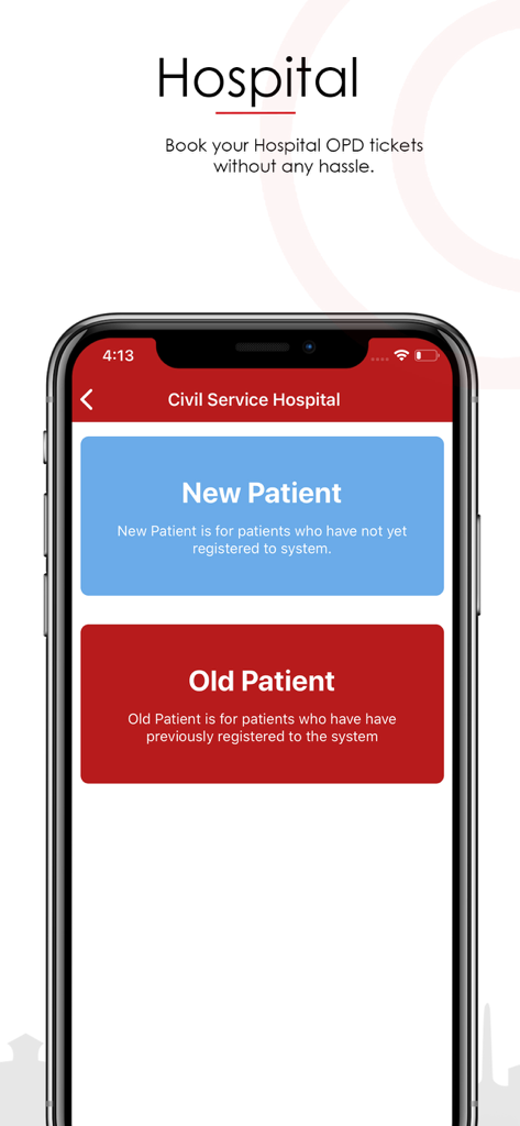 Schermata dell'app mobile PrabhuPAY per la prenotazione di biglietti OPD ospedalieri con opzioni per pazienti nuovi e vecchi