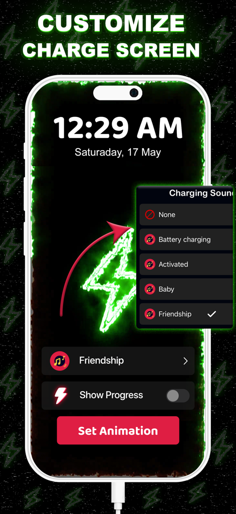Charging Fun Screen Animation - Uma tela de smartphone mostrando uma animação de carregamento de raio verde neon com um menu para selecionar sons de carregamento personalizados.