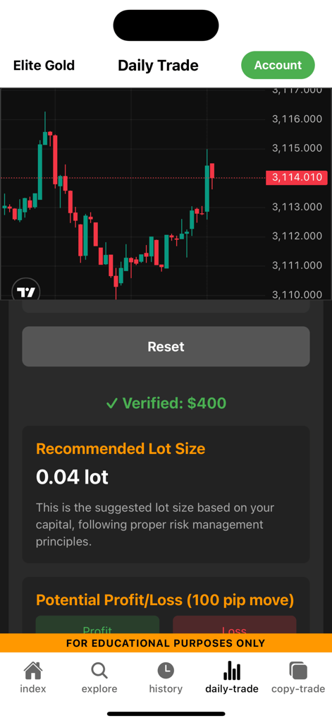 Elite Gold Academy mobile interface showing gold trading chart and lot size recommendation