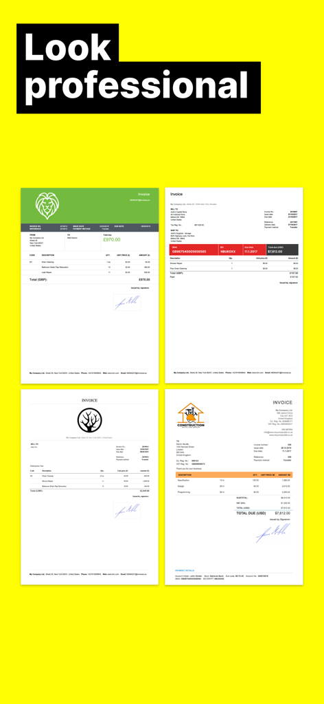 Freebie Invoice Maker - Four examples of professional invoice templates with custom logos and digital signatures.