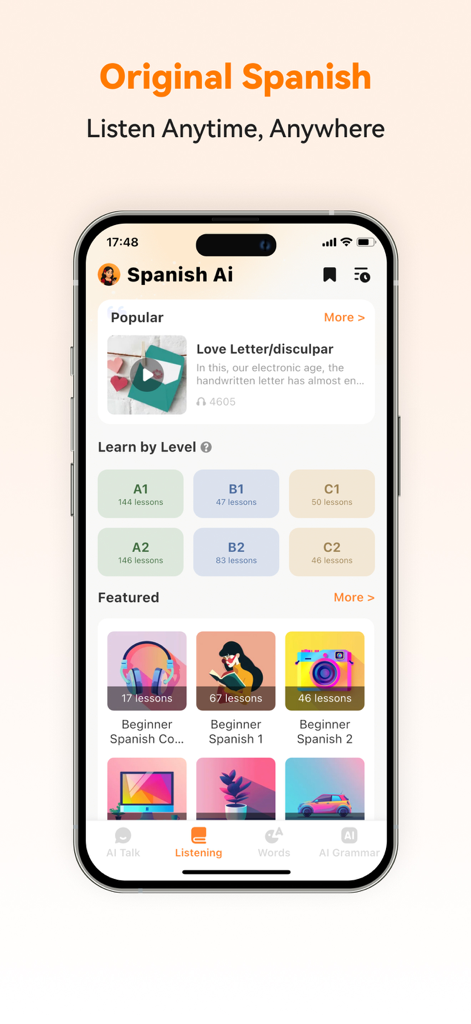 Spanish Aiアプリのスクリーンショットで、A1からC2までの語学学習レベルとリスニング練習レッスンが表示されています。