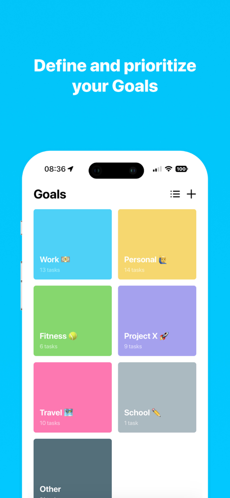 A mobile app screen titled Goals displaying colorful tiles for categories like Work, Personal, Fitness, and Travel.