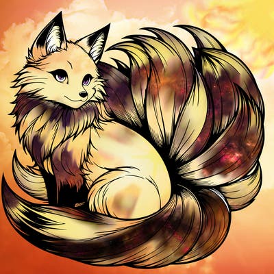 realistic detailed 9 tailed anime fox