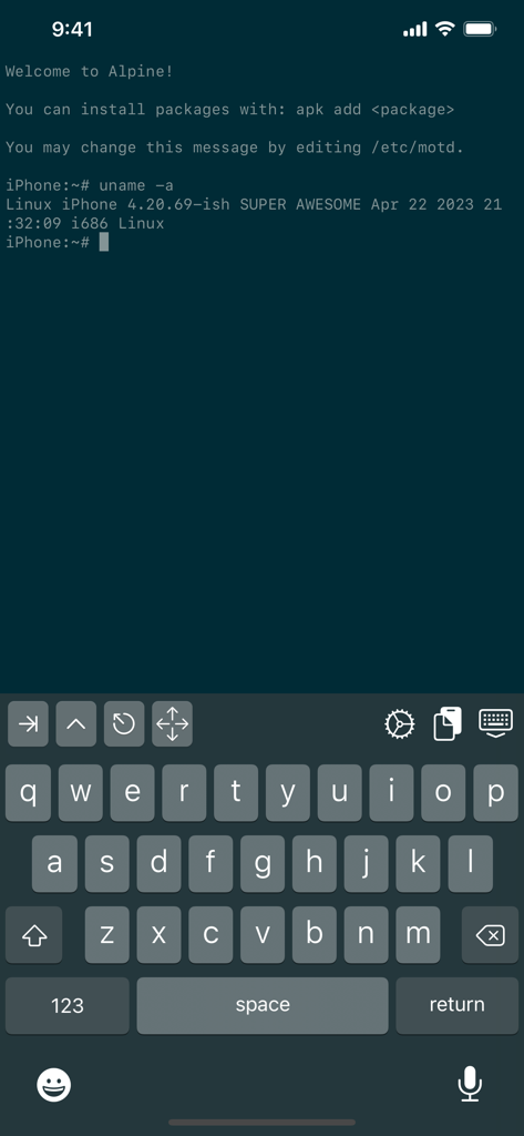 iSH Shell - App iSH Shell che mostra un terminale con Alpine Linux su iPhone