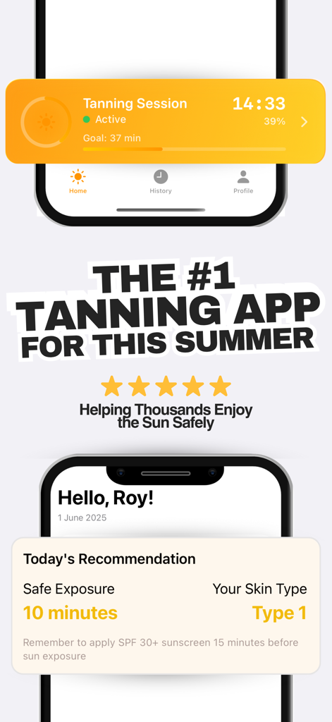 Sunglow Tanning App interface featuring an active tanning session timer and a daily safe exposure recommendation
