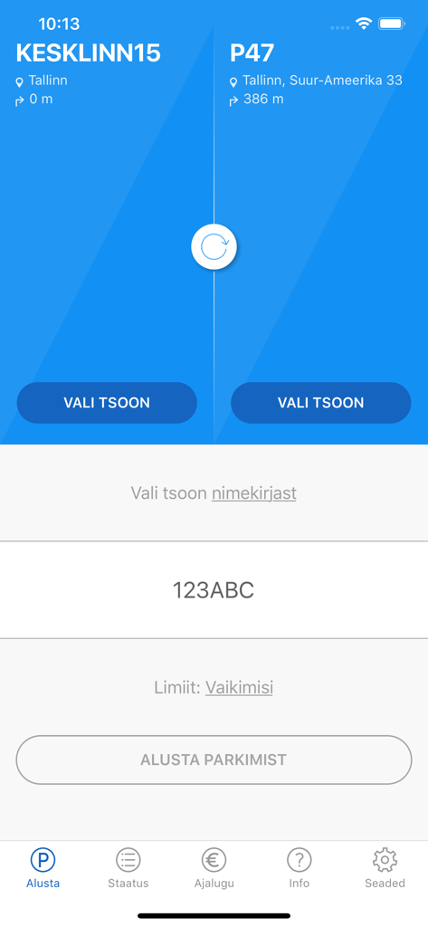 PARGI.EE - Pantalla principal de la aplicación PARGI.EE que muestra las opciones de zona de estacionamiento y la entrada de la matrícula para iniciar una sesión de estacionamiento en Tallinn.