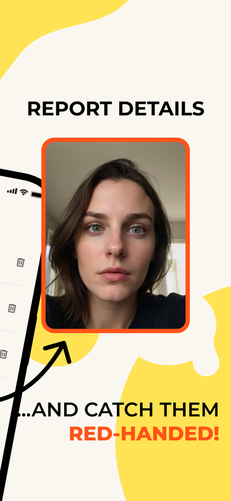 AntiLost - Clap to Find Phone - 侵入者のキャプチャされた写真と「現行犯逮捕」というテキストが表示されたAntiLostアプリのスクリーンショット