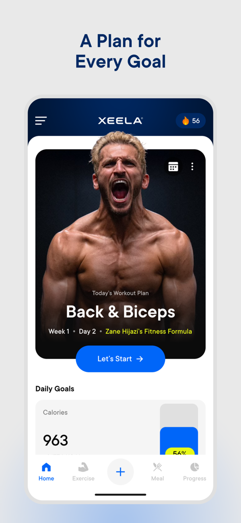 Xeela: Train, Fuel, Transform - Xeela fitness app home screen showing a back and biceps workout plan and a daily calorie goal tracker