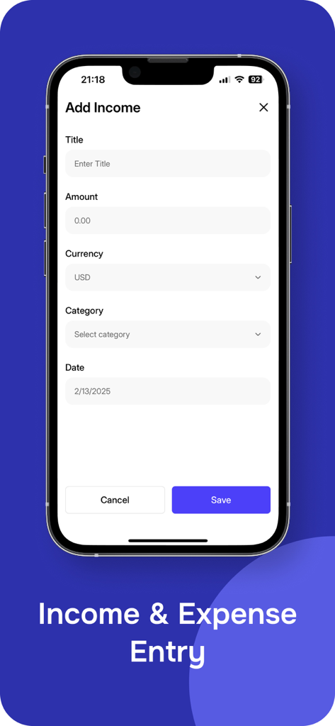 Personal Easy Budget Tracker - A mobile app interface for entering personal income details including amount and category.