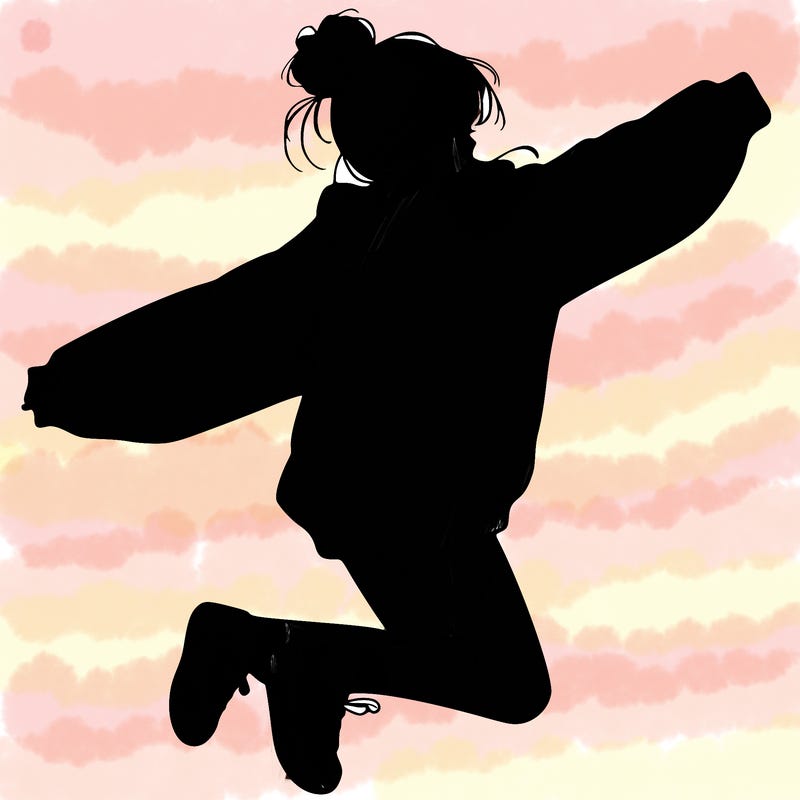 realistic girl jumping with a bun and oversized sweatshirt