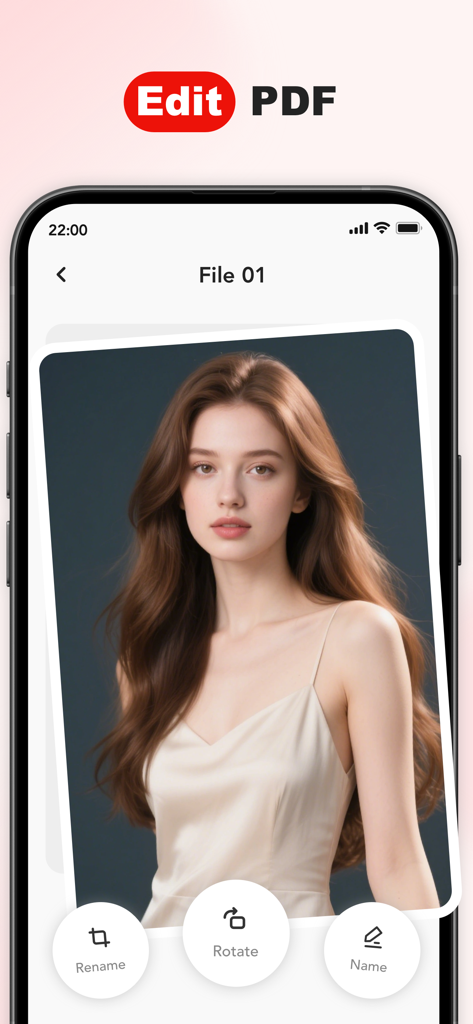 Interface do aplicativo móvel EasePDF Pro mostrando ferramentas para editar, girar e renomear documentos.
