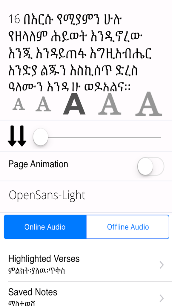 Settings screen of the Amharic Bible app showing text customization and audio options