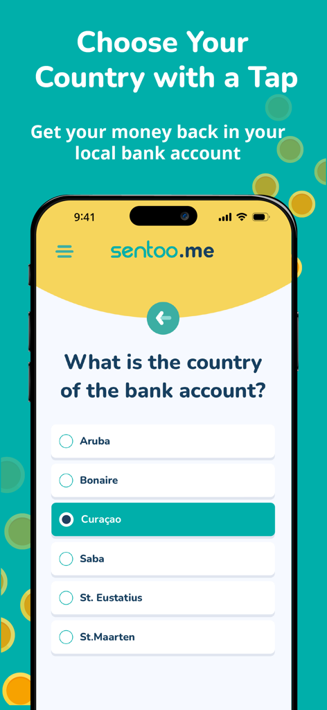 Sentoo.me - Schermata di selezione del paese nell'app Sentoo.me per conti bancari nei Caraibi olandesi