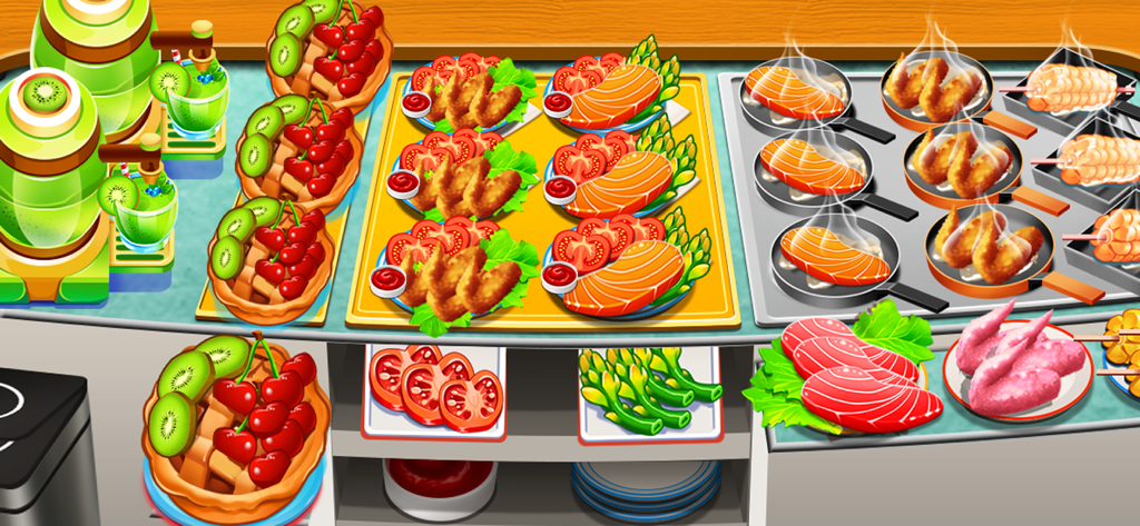 Interfaz colorida de un juego de cocina que muestra tartaletas de frutas, alitas de pollo y salmón a la parrilla preparándose en el mostrador de un restaurante