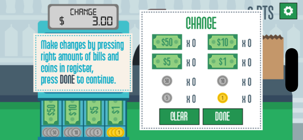 Grocery Cashier - Grocery Cashier game interface showing a register screen and a selection of dollar bills and coins to calculate change