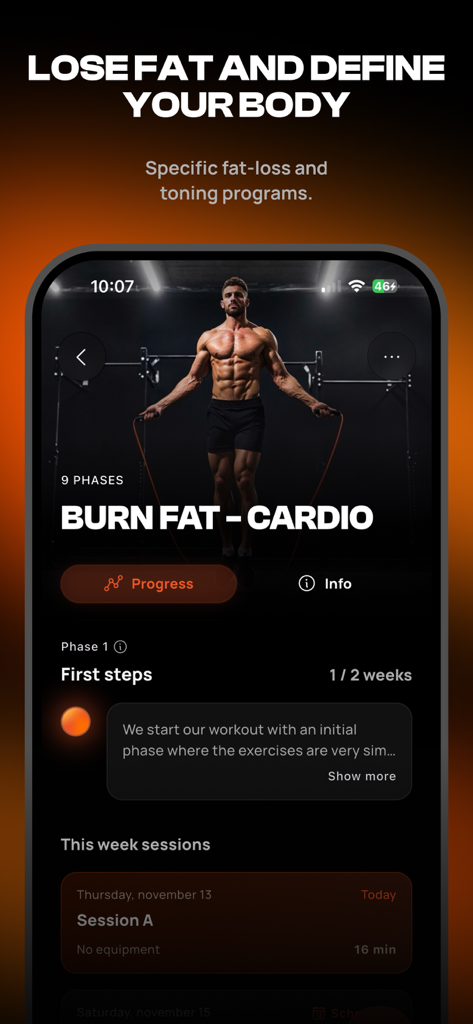 Calisteniapp interface showing a burn fat and cardio program featuring a man jumping rope for fat loss and body definition.