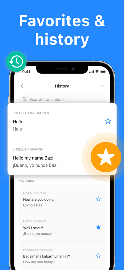Translator AI: Photo, Voice - Interface of the Translator AI app showing the history of translated phrases and favorite bookmarks