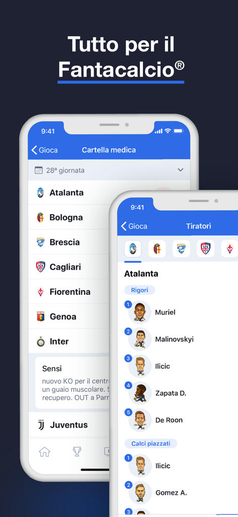 Fantacalcio ® Serie A Enilive - Interface of the Fantacalcio app showing Serie A medical reports and player penalty takers