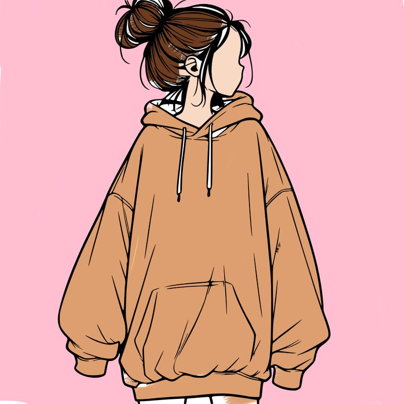 realistic girl with a oversized sweatshirt on and a bun