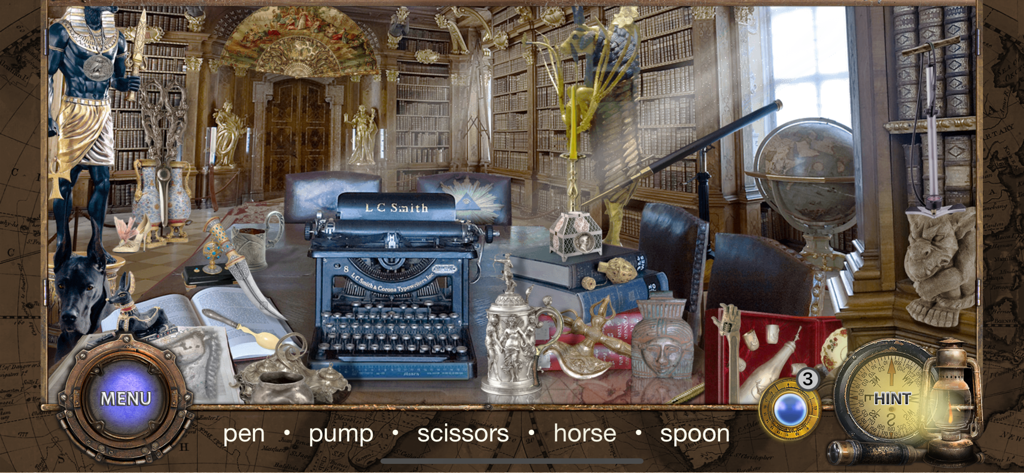 Around The World in 80 Days* - Hidden object scene in Around The World in 80 Days featuring a vintage typewriter and global artifacts in a library setting