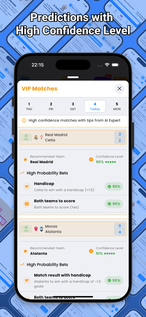 KI-Wett-Tipps App-Oberfläche, die VIP-Fußballspielvorhersagen mit hohen Konfidenzniveaus und Wahrscheinlichkeitsprozentsätzen zeigt