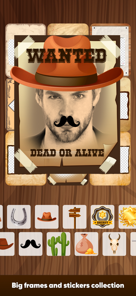Wanted Poster wild west - A screenshot of the Wanted Poster app showing a custom western poster and a collection of themed stickers like hats and badges.