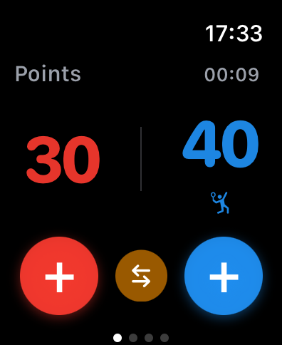 Interfaz de Apple Watch para la aplicación Beach Tennis Point mostrando un marcador de 30 a 40 con grandes botones táctiles