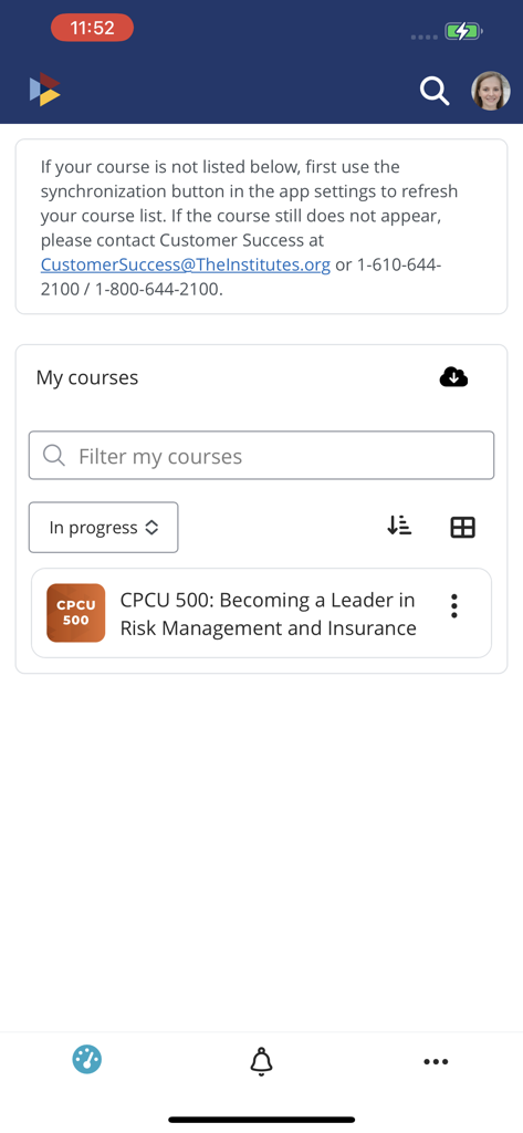 My courses dashboard in The Institutes QuizMe app featuring a CPCU 500 study module