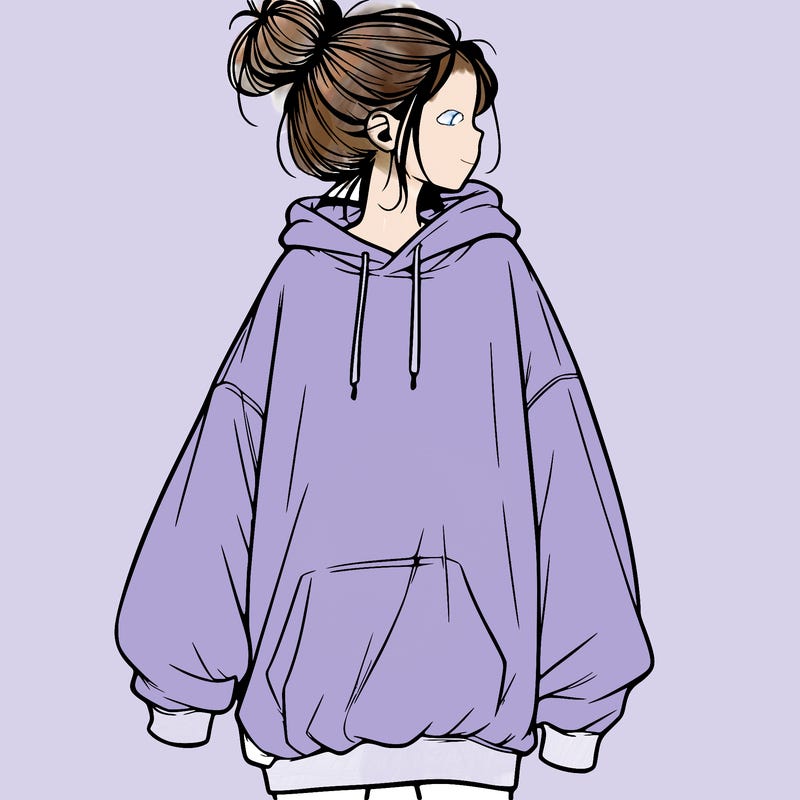 realistic girl with a oversized sweatshirt on and a bun
