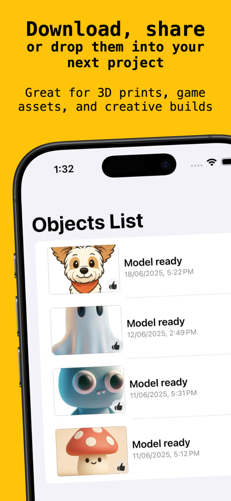A list of completed 3D models in the 3Dup app showing ready-to-use character and object assets for 3D printing.