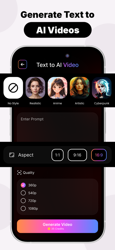 Una interfaz móvil de Haiper AI que muestra la configuración de generación de texto a vídeo, incluyendo estilos, relaciones de aspecto y opciones de calidad.