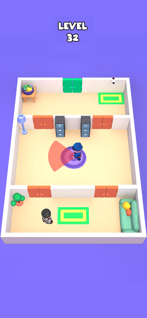 Thief Escape: Adorable Rescue - Top down view of a thief character avoiding a policeman's red vision cone in Level 32 of the Thief Escape game