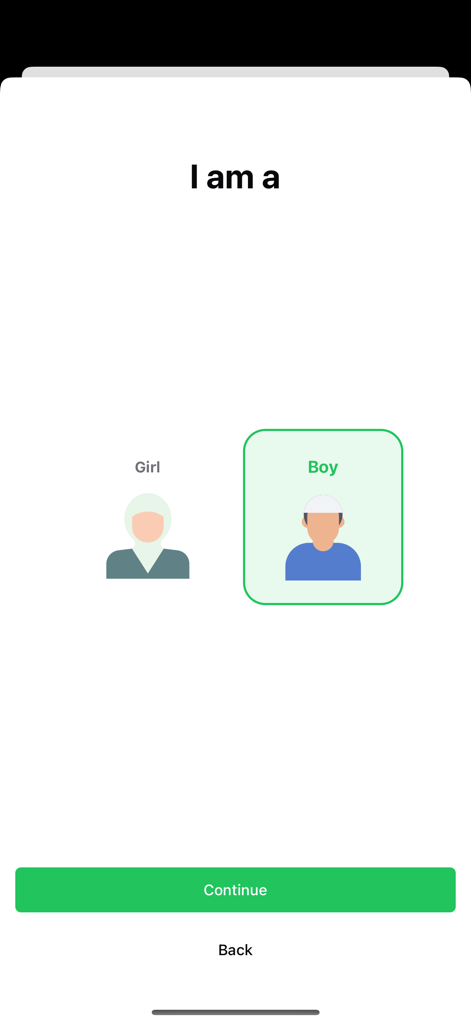 Qadaa Prayer Calculator - Qadaa 기도 계산기 앱의 온보딩 화면으로, 소년과 소녀 선택 아이콘으로 성별을 묻습니다.